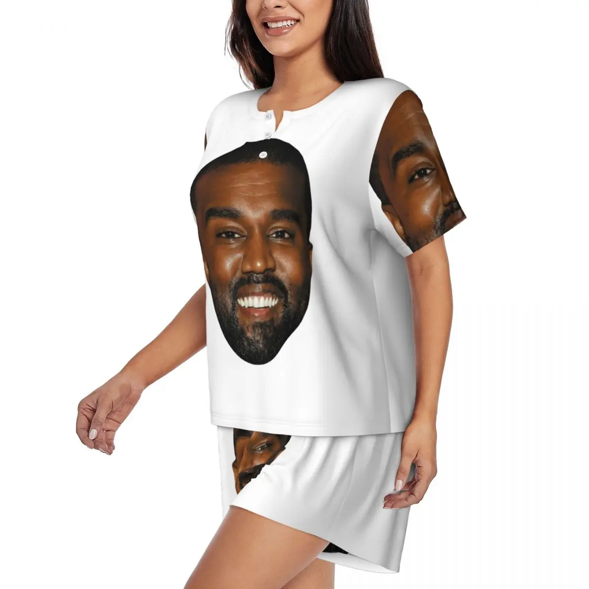 Custom Print Women's Funny Kanye West Meme Pajamas Set Short Sleeve Rapper Music Producer 2 Piece Sleepwear Pjs Lounge Sets