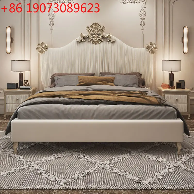 

Итальянская кровать класса люкс, двуспальная, из массива американского дерева, для главной спальни, с импортной велюровой обивкой.