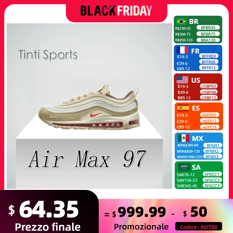 Nike New Air Max 97 Low Men's and Women's Sneakers Breathable and comfortable clunky shoes Cushioning and wear resistance Brown