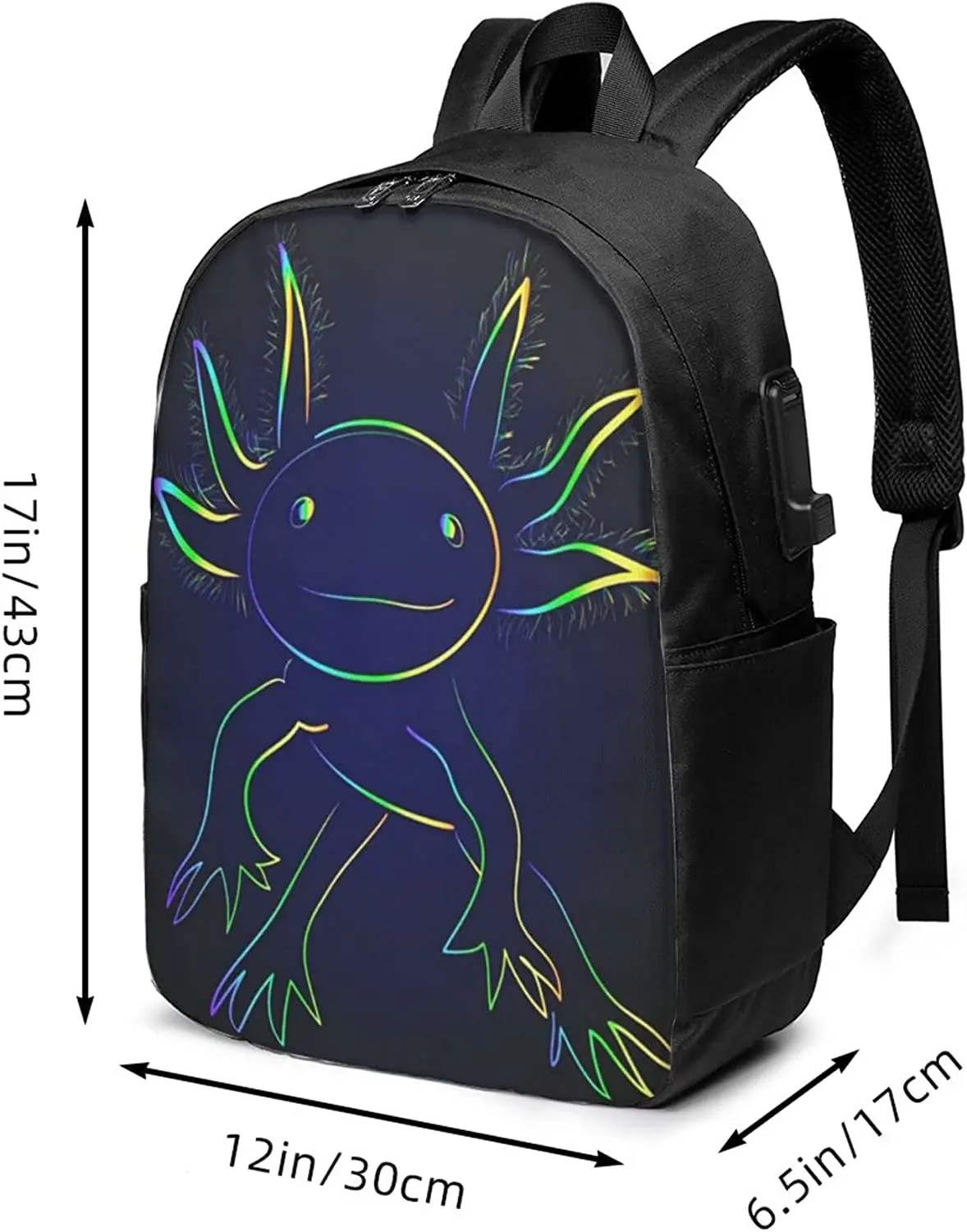 Auronewt Stylized Rainbow Axolotl Backpacks 17 Inch Travel Laptop Backpack College Book Bag for Men Women with USB Charging Port