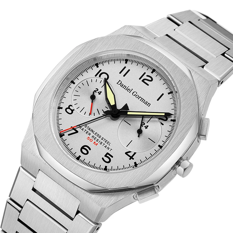 Daniel Gorman Men's GMT Quartz Watch, Japan VD63 Movement, Dual Time Zone, Luminous, 50M Waterproof, Stainless Steel Bracelet