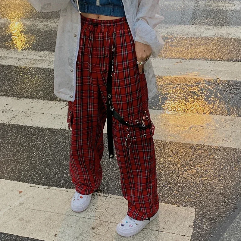 Red Plaid Pants Classic Retro All-match Casual High Street Fashionable Cool Confident Youth Hip-hop Women Autumn Straight Leg