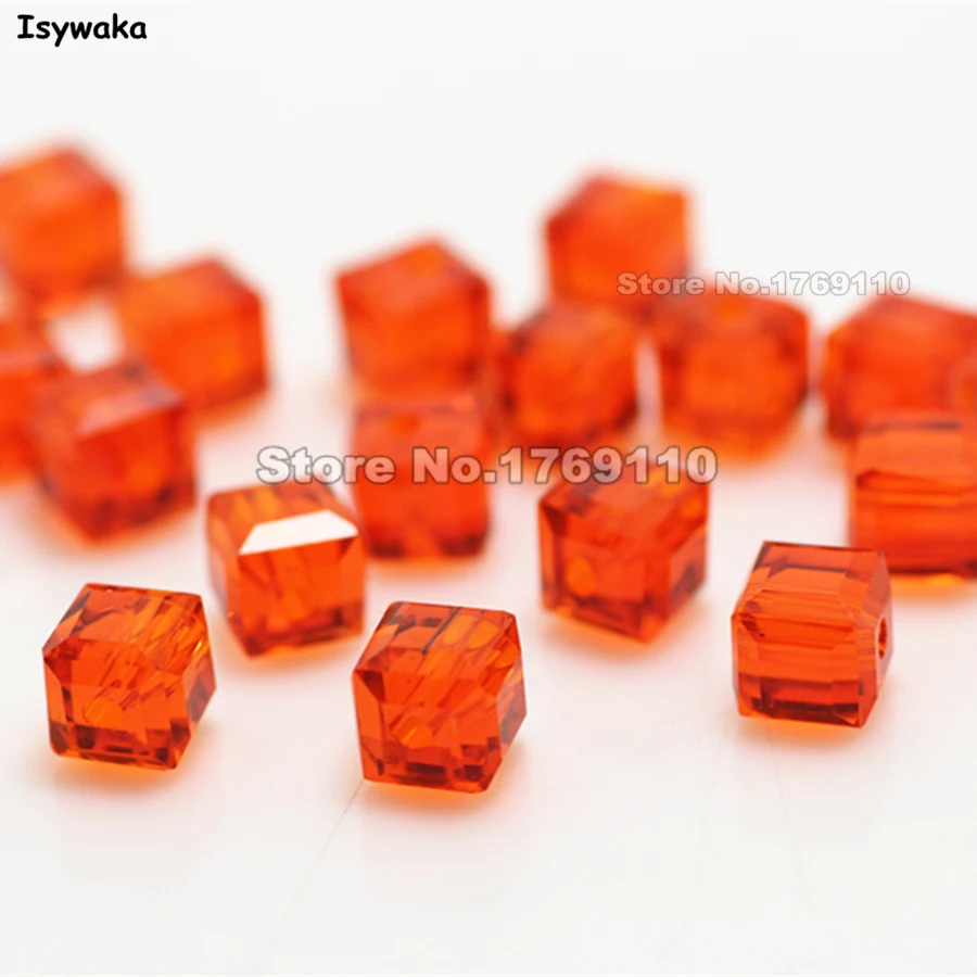 Isywaka 100pcs Orange Red Color Square 6mm Austria Crystal Beads Charm Glass Beads Loose Spacer Bead for DIY Jewelry Making