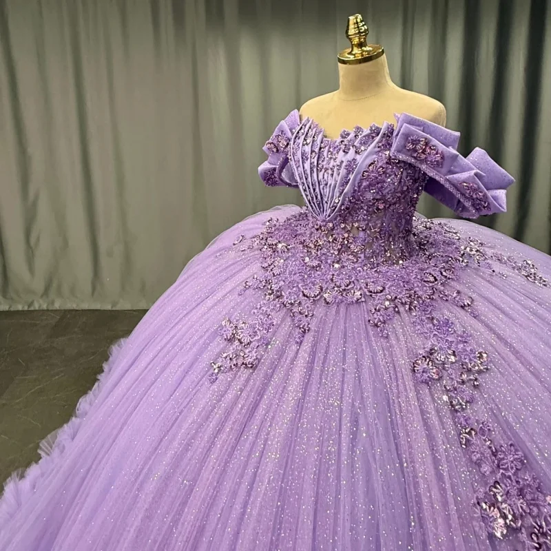 

Shiny Purple Quinceanera Dresses off-shoulder Crystal Glitter Decal Lace layering Long tail Vestido De 15 Quinceanera Customize