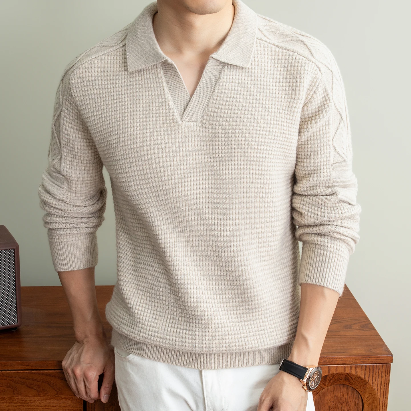 Fashion new luxury men's sweater high-quality jacquard thickened warm autumn winter casual lapel solid color knitted pullover