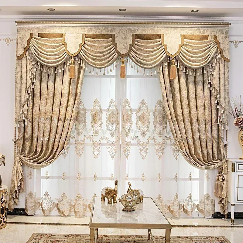 

European Chenille Embroidery Luxury Curtains for Living Room Bedroom Window Elegant Set Valance Blackout Curtains Customize