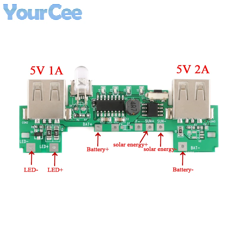 2 USB 5V 2A Mobilny moduł ładowarki Power Bank Litowo-jonowy 18650 Płytka ładująca akumulator Wskaźnik LED 5V 200mA Panel słoneczny PCB