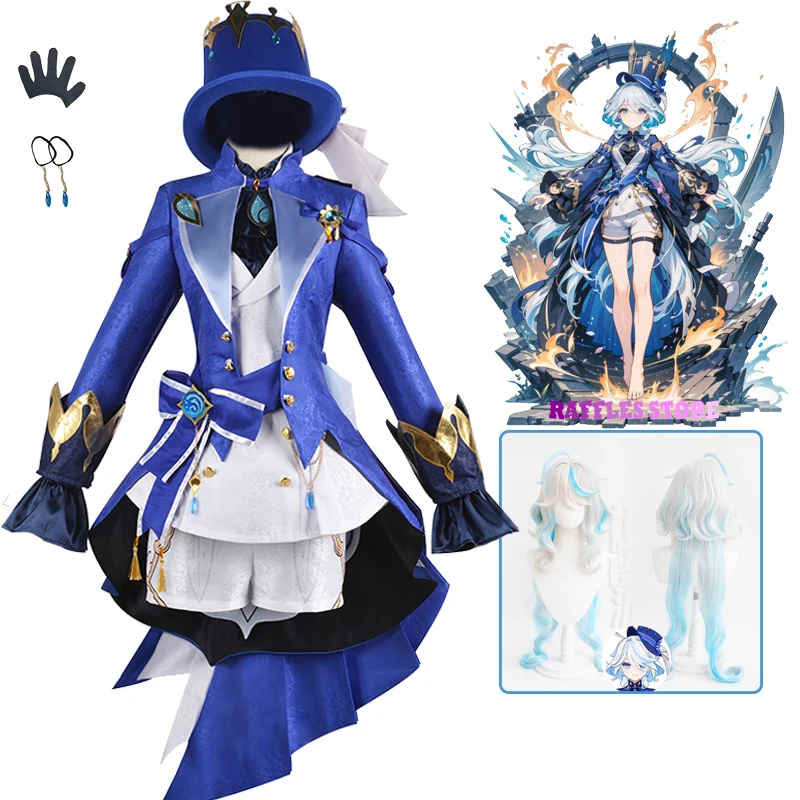 Genshin Impact Focalors Cosplay Costume pour femme, jeu, chapeau, perruque, chaussures, carnaval, fête d'Halloween, tenue, robe, stock