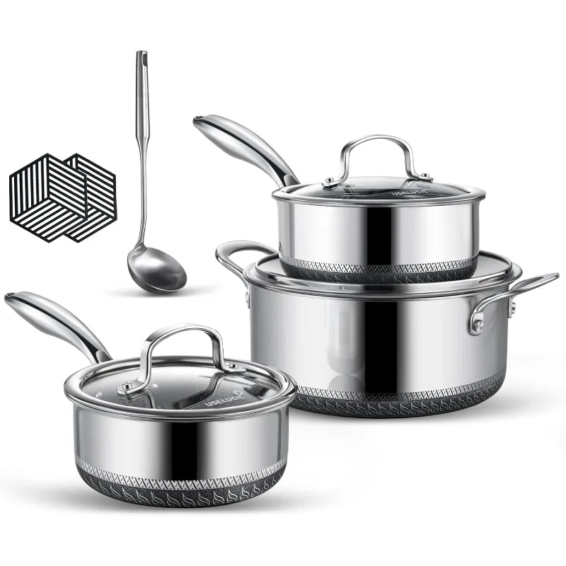 9Pcs Hybrid non stick Pots Set, 1.5, 2,  Stay-Cool Handles Cooking Pot Set, Compatible with All Cooktops