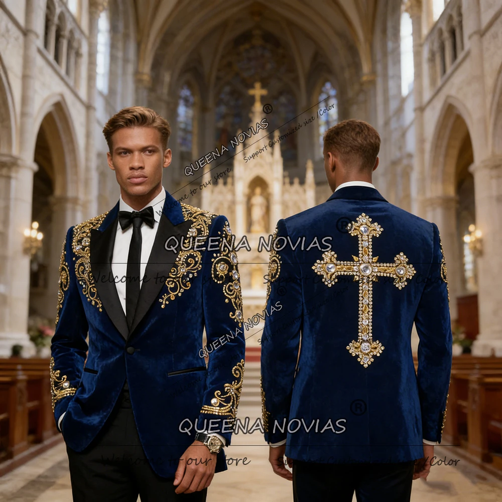 Male Fashion Suit For Wedding Exclusive Gold Bedaed Rhinestone Prom Blazer Customized 2 Piece Sets Men Formal Wear Tuxedo Outfit