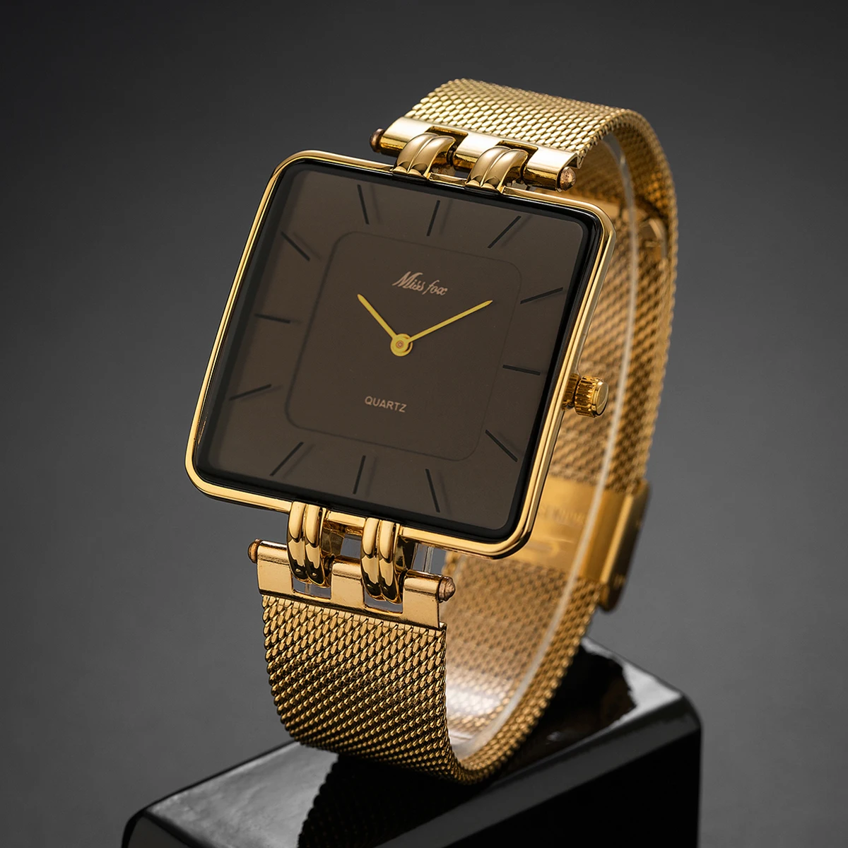 2024 MISSFOX Casual Simply Watches Men Fashion Mesh Strap Square Quartz Clock Male Minimalist Style Gold Wristwatch Reloj Hombre