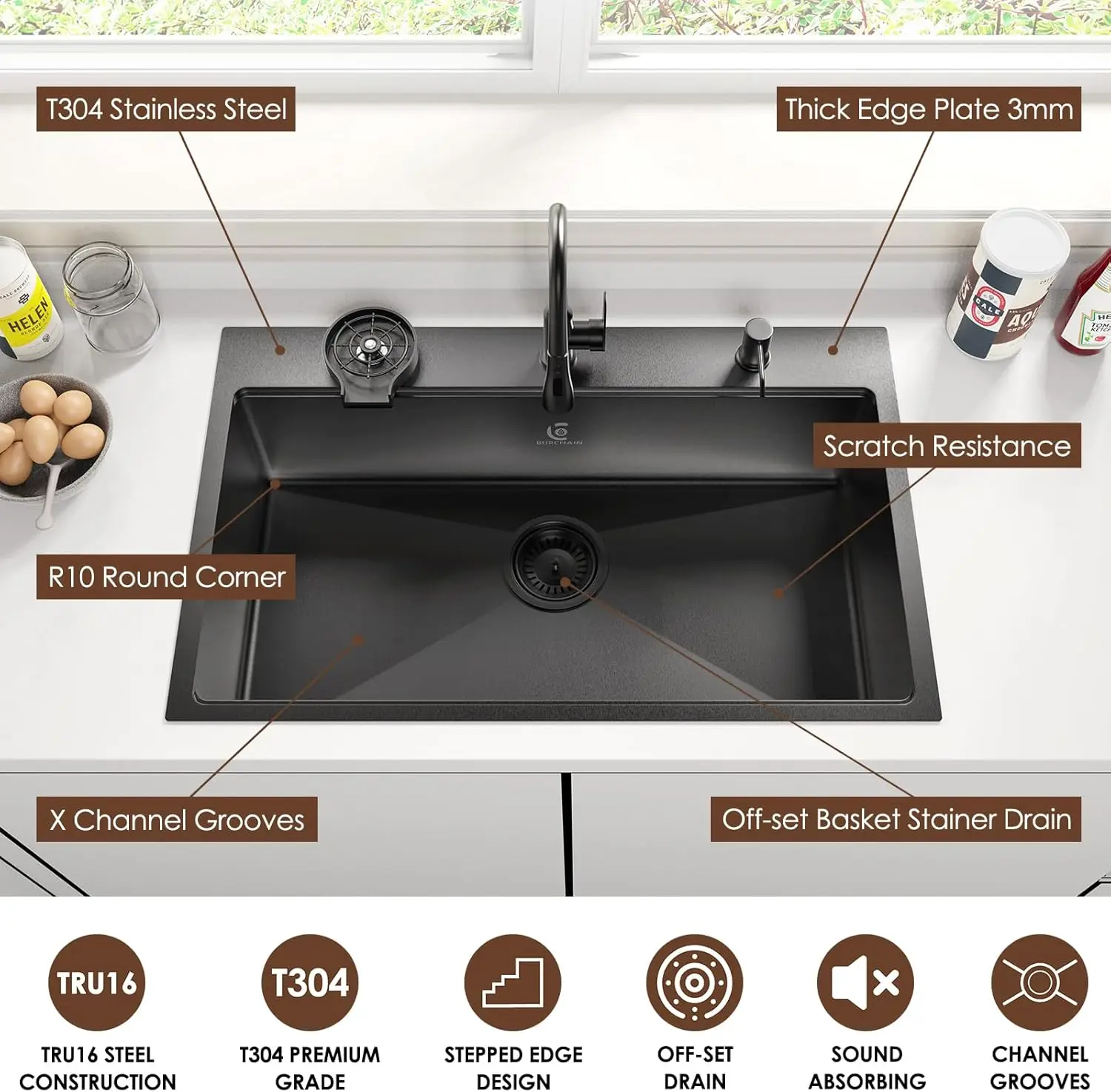 33x22 Inch Kitchen Sink Black Drop In Stainless Steel Kitchen Sinks 16 Gauge Single Bowl Workstation Luxury Top Mount Sink with