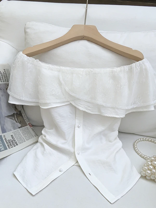 

plus Size Lace Splice Shirt One Shoulder Pleated Waist Cinching Summer New Style Korean Style Breathable Skin-Friendly Daily ...