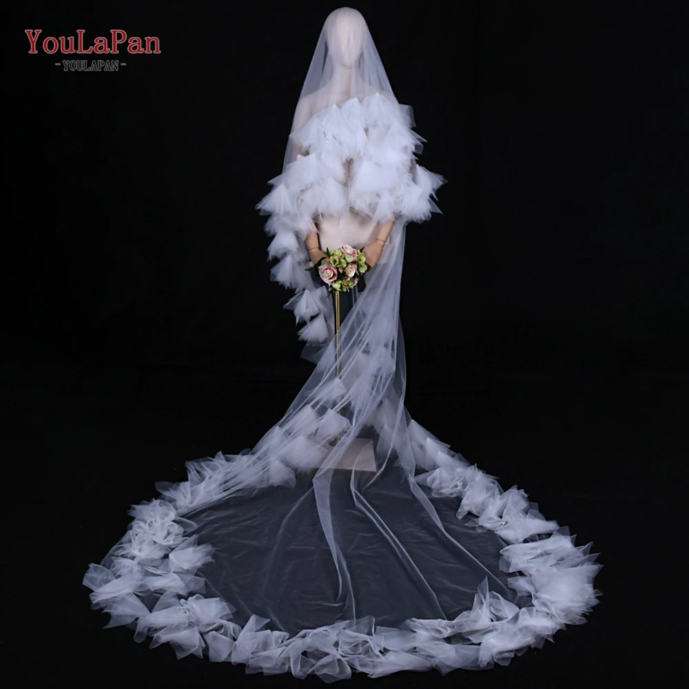 Youlapan Velo De Novia Flores 더블 대성당 신부 베일 블러시, 프랑스 로맨틱 웨딩 액세서리, V208