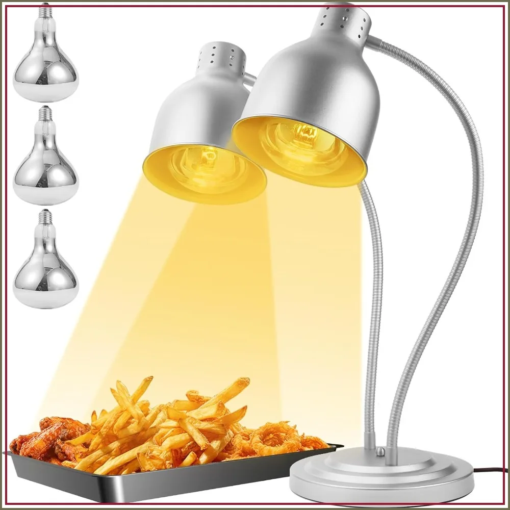 Food Heat Lamp with Flexible Arm, 250W Bulb x3, 5000 Hours, Commercial Food Warmers for Buffet, Parties, Fast Food, Silver