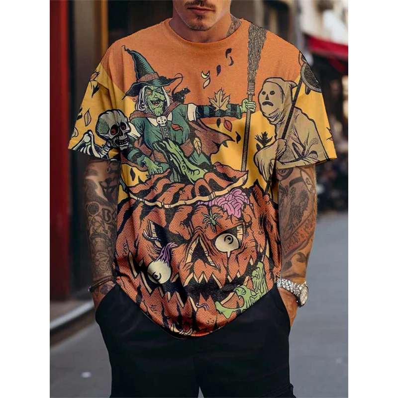 

3D Print Bat Scarecrow Skull Men's T Shirt Hip Hop Trend Halloween Pumpkin Pattern T-Shirts Fashion Party Short Sleeve Loose Top