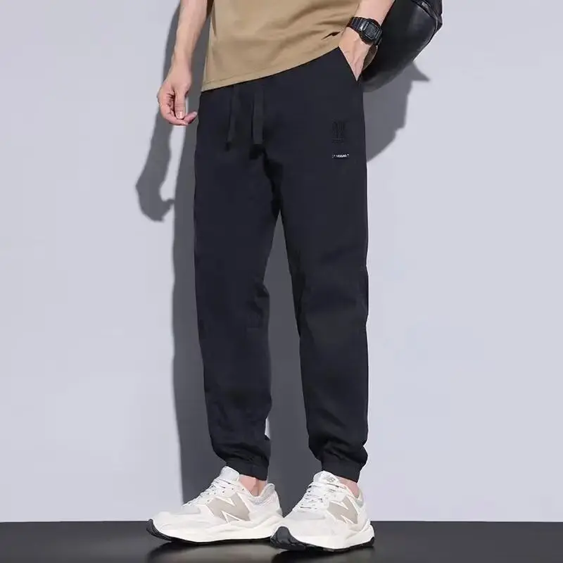 Mens Elastic Waist Drawstring Ice Silk Jogger Pants With Small Logo