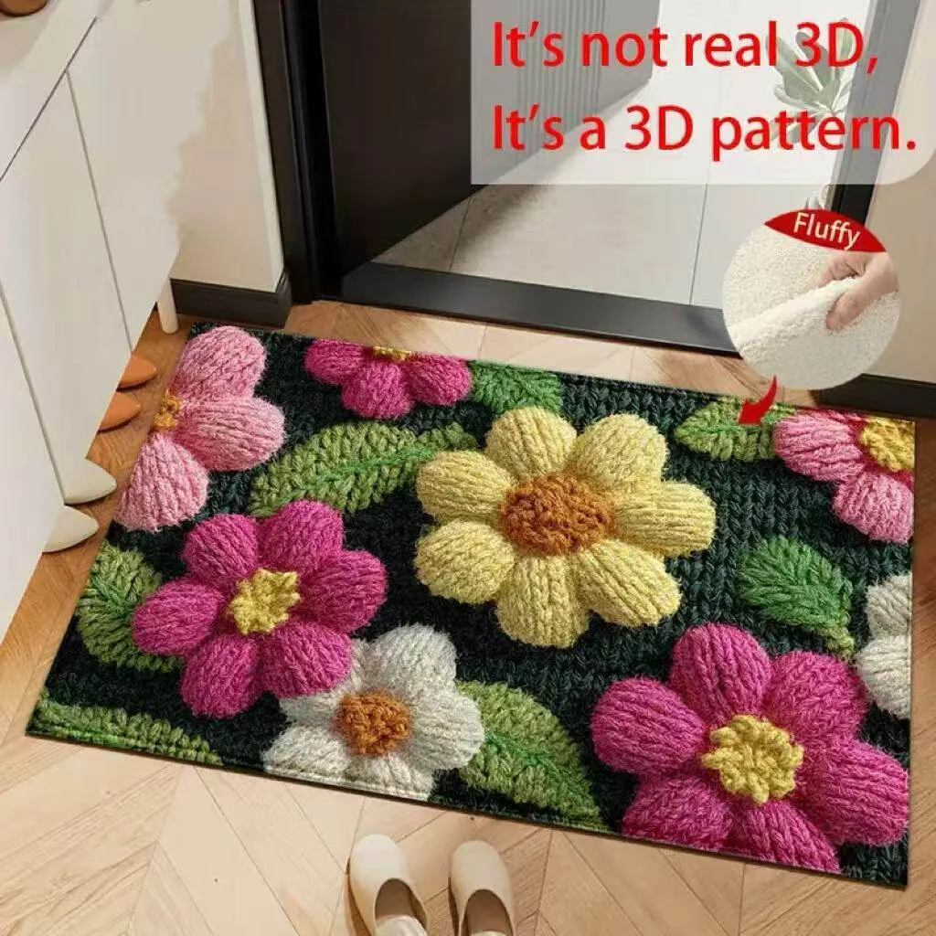 VIKAMA 3D Stereoscopic Flower Fruit Welcome Mat Anti Slip Water Absorbent Doormat Bedroom Bathroom Front Door Decor