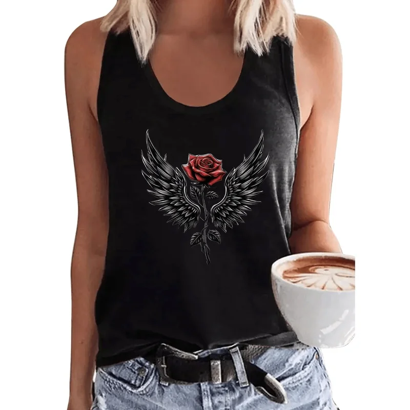 Women's Gothic Rose Angel Wings Racing Tank Top - Red rose and angel wings printed sleeveless shirt