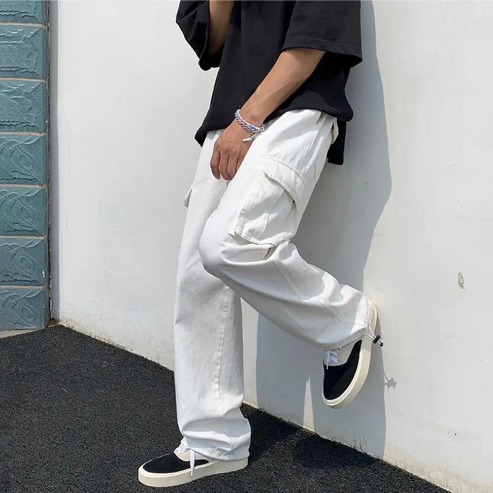 Men Cargo Pants Solid Color Men Trousers Streetwear Men's Cargo Pants Hip Hop Style Multi Pockets Wide Leg Solid Color for A