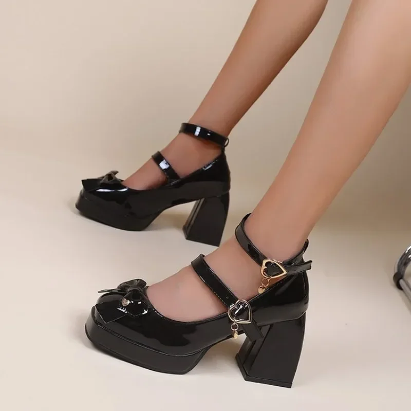 Punk Heart Buckle High Heels Pumps Women 2024 Spring Y2K Black Chunky Platform Lolita Shoes Woman Bowtie Thick Heel Gothic Shoes images - 6