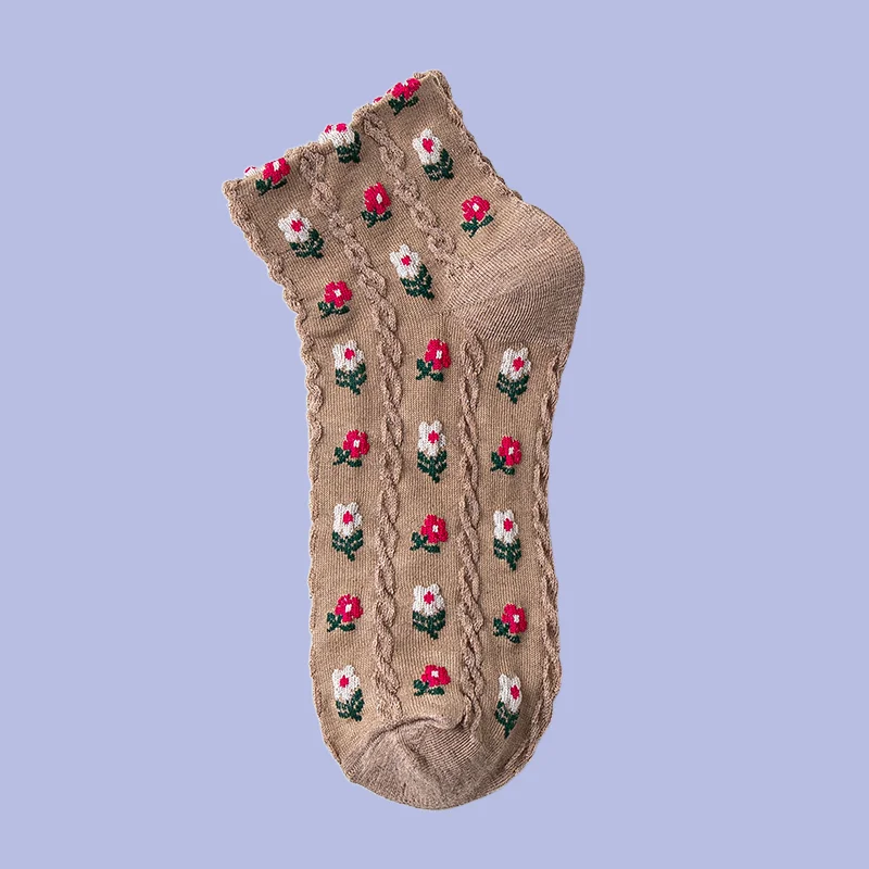 Chaussettes en coton à tube court pour étudiants, style collège, petites fleurs douces pour filles, printemps et été, 5/10 paires