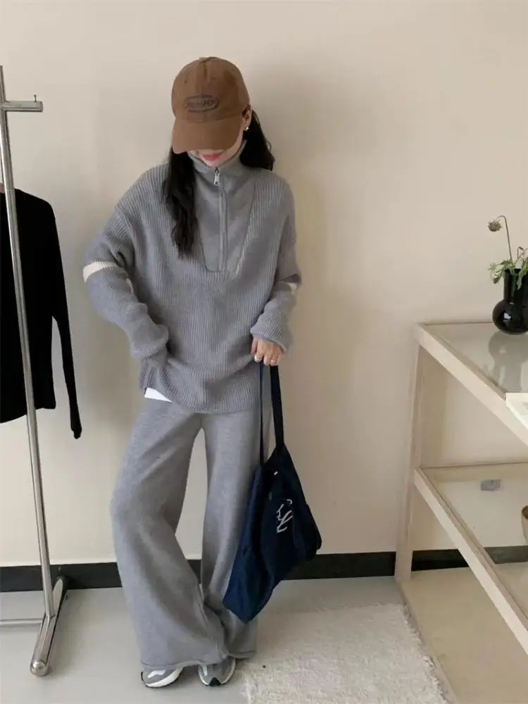 

Осенне-зимний женский корейский однотонный элегантный вязаный свитер с длинными рукавами и молнией до половины и широкие брюки с высокой талией, комплекты из двух предметов