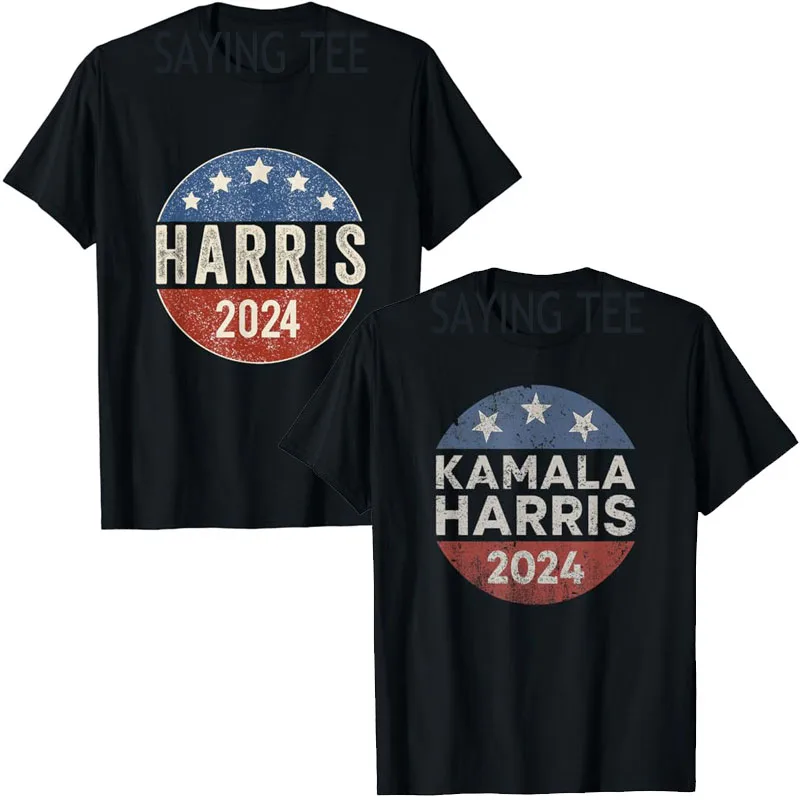 

Kamala Harris 2024 for President Retro Button Election T-Shirt America US Flag Print Campaign Tee Liberals Democrat Novelty Gift