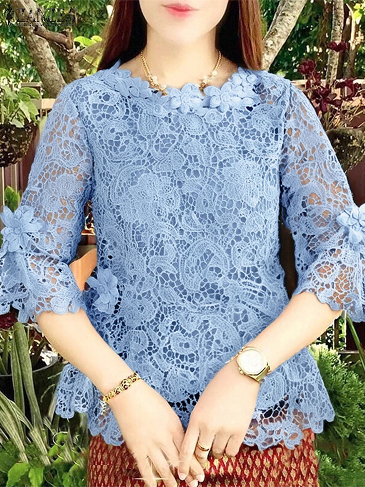 ZANZEA Summer Lace Crochet Shirts Stylish Women Embroidered Blouse Bohemain Holiday Tops Tunic 3/4 Sleeve Patchwork Work Blusas