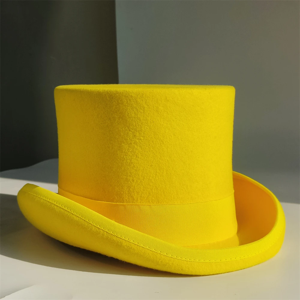 Light Yellow High Top hat Wool Magician high hat British hard top hat Color Cylinder Hat For Women court flat hat President hat