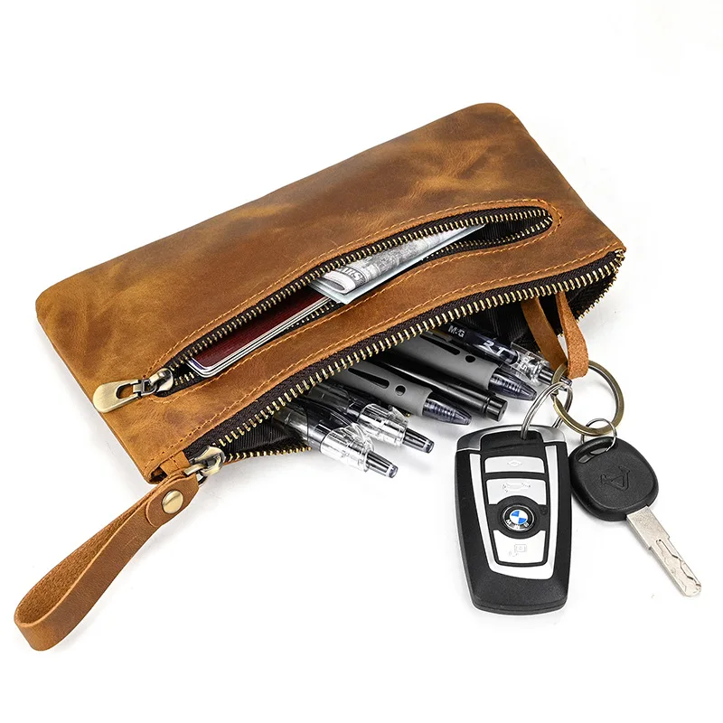 Long Leather Wallet Simple Zipper Wallet Thin Genuine Leather Money Clip Handheld Retro Style Vertical Shape Pure Color