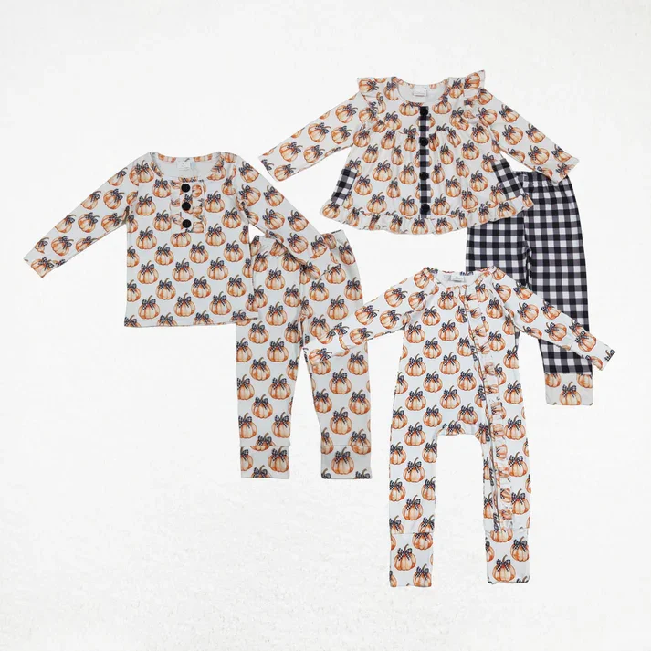 

Wholesale Baby Toddler Girl Clothes Pumpkin Bow Print Boutique 2Pcs Outfit Romper Fall Kids Clothing