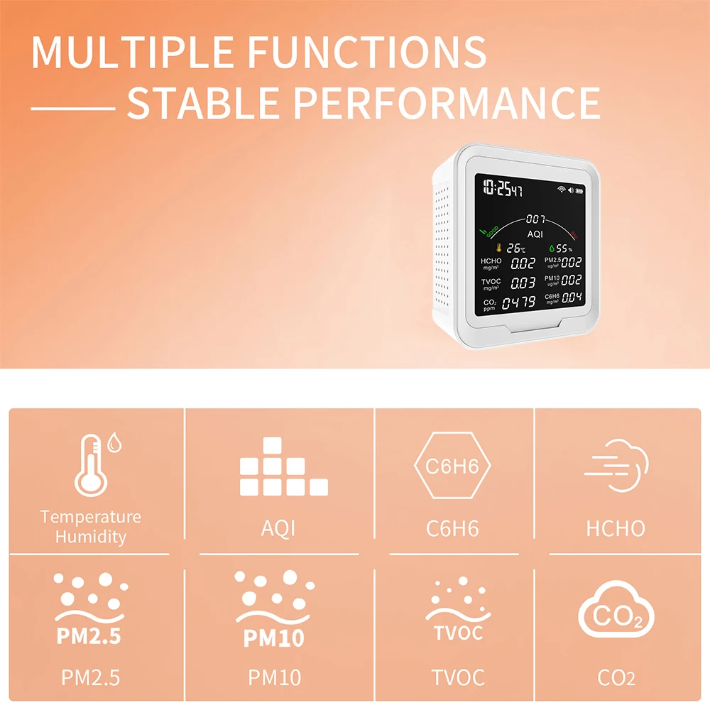 PTH-9BW Tuya WiFi Monitor multifunzionale della qualità dell\'aria PM2.5 PM10 HCHO C6H6 rilevatore di Gas CO2 termometro igrometro sveglia