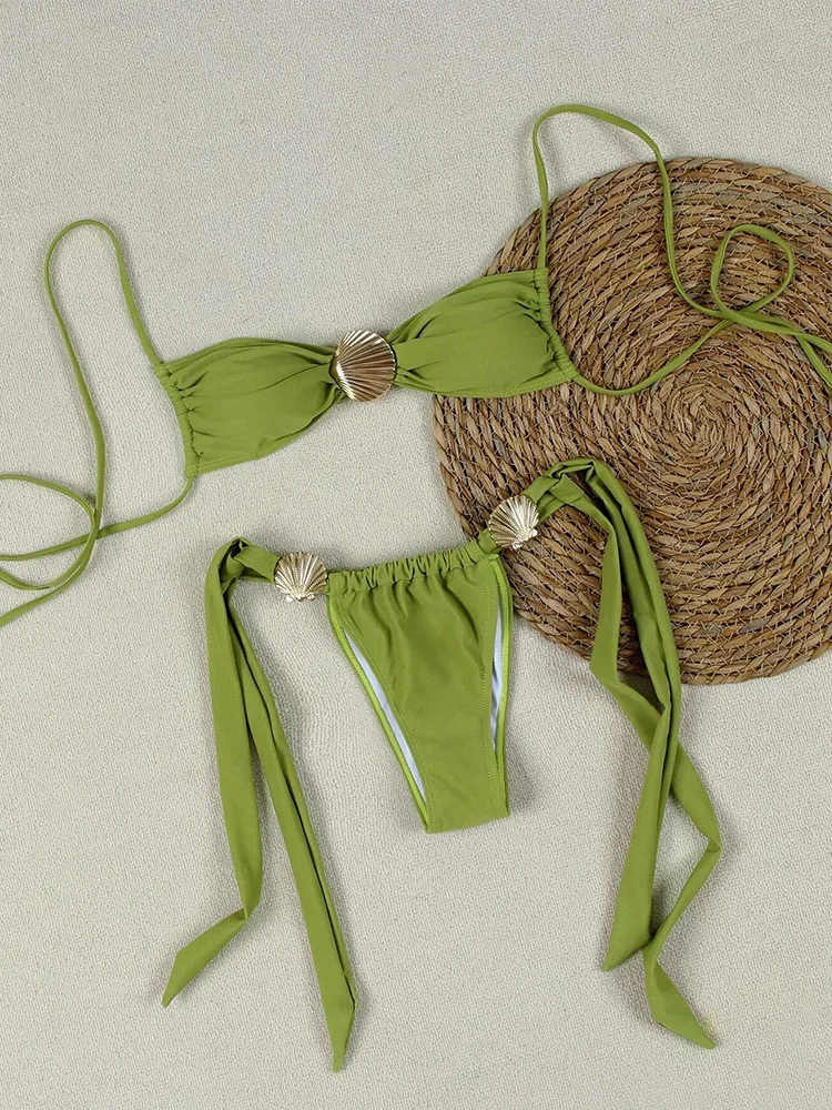 UETEEY 2025新作 サマービキニセット セクシーなシェル装飾 レースアップビキニ ツーピースセット レディース 無地 スプリット水着 ビーチビキニ