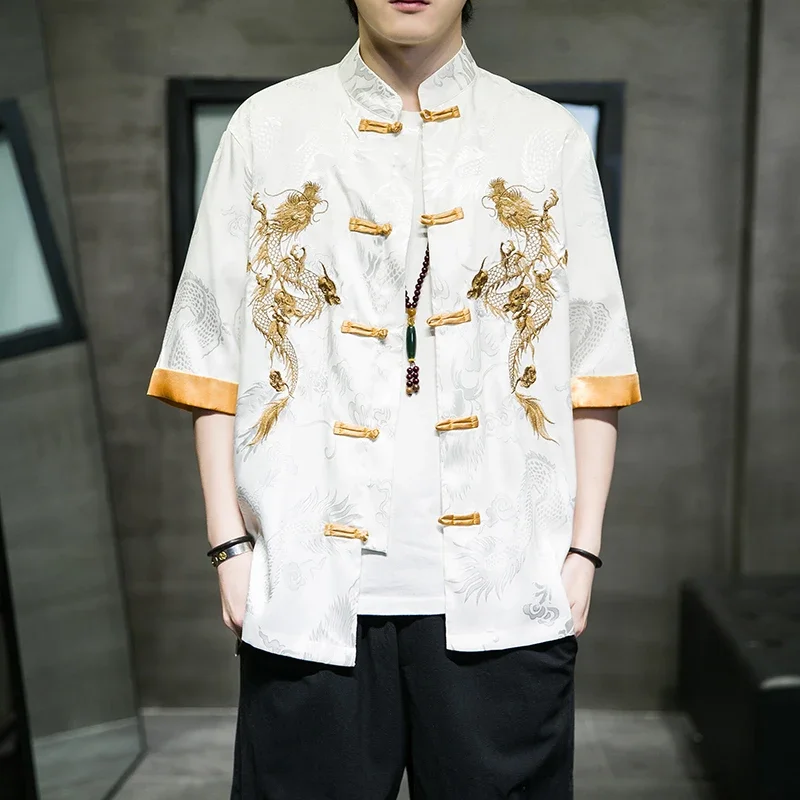 Creative Golden Dragon Embroidery Men's Shirt Tang Suit Hanfu Retro Cheongsam Casual Kung Fu Top Zen Tea Cardigan Coat