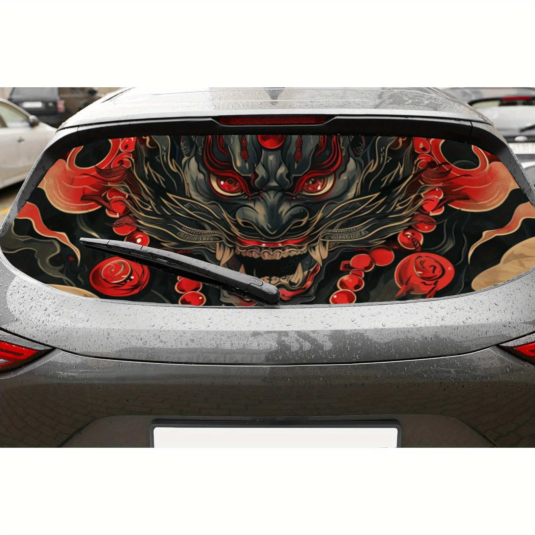 

Fierce Demon with Red Accents and Beads PVC Perforated Car Vinyl Wraps, Privacy Enhancing Design for Rear Window, Car Rear Winds