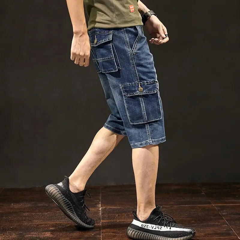 Summer Casual Men's Denim Capri Pants Multi-Pocket Cargo Design Loose Comfortable 3/4 Length Trendy Stylish Mid-Calf Bottoms