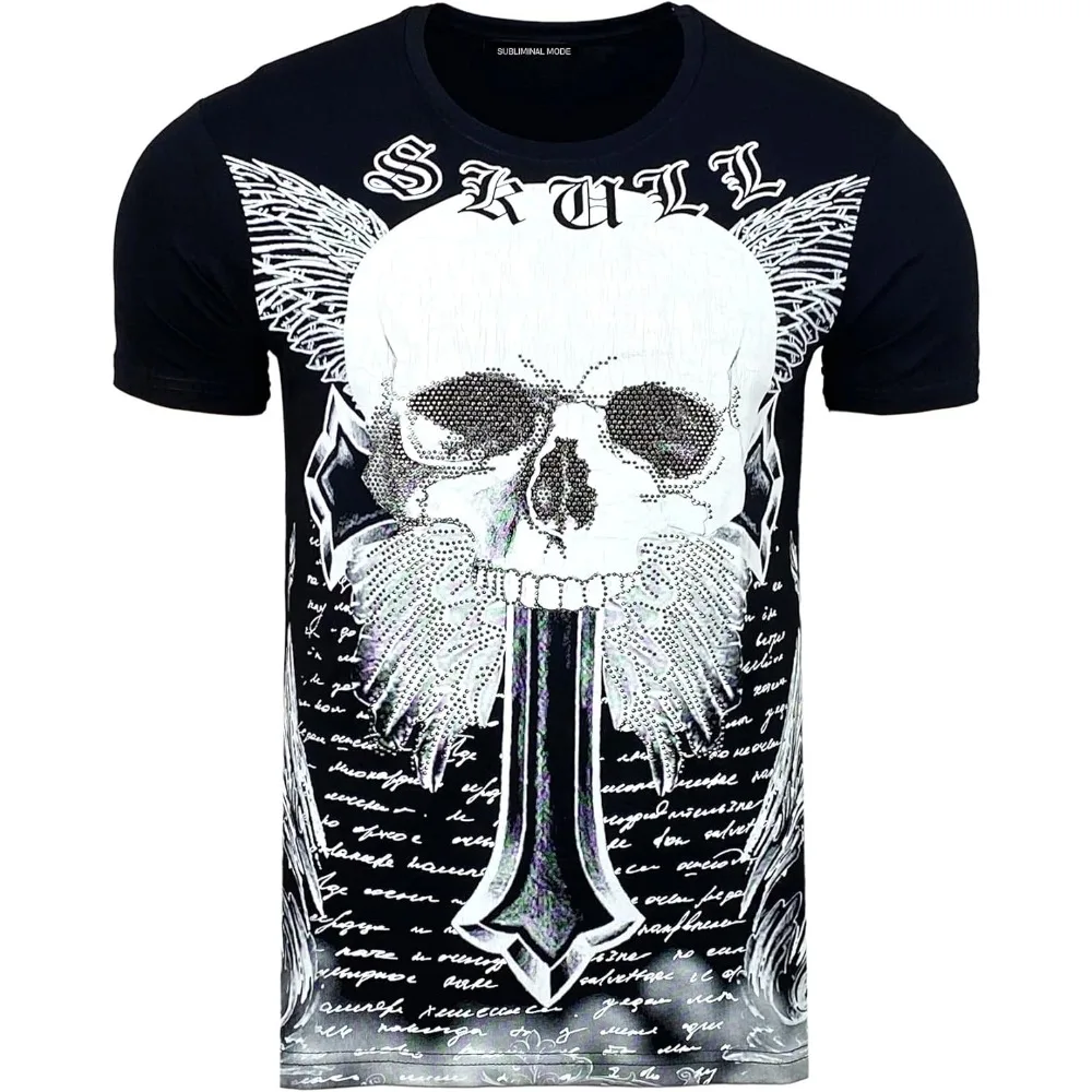 

Subliminal Mode T-Shirt Men's Skull Neck Printed Skull with Rhinestone Short Sleeve Available in Black, White, Red Size