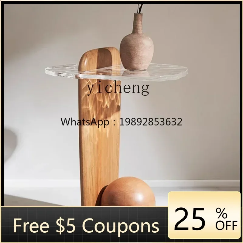 LYY   Living Room Side Table Modern Minimalist Sofa Edge Solid Wood High-Grade Mid-Ancient Water Ripple Glass Small Coffee Table