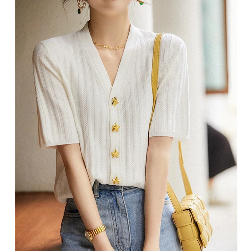 Fashion all-match ice silk short sleeve cardigan French slim V-neck T-shirt for women\'s summer starfish button cotton thread top