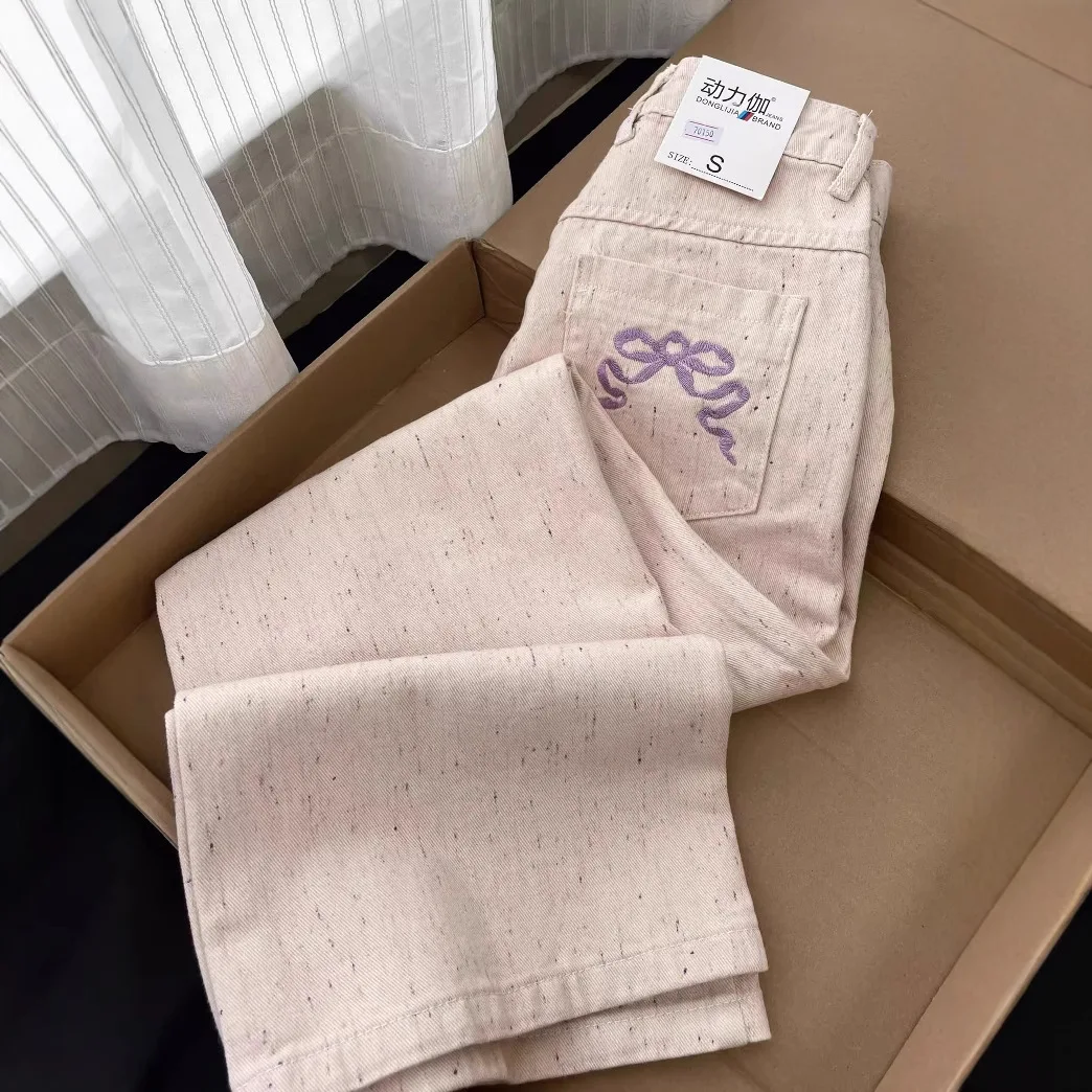 

Color Ink Loose Straight Leg Jeans for Women's Autumn New Style Light Colored High Waist Embroidered Knot Wide Leg Pants