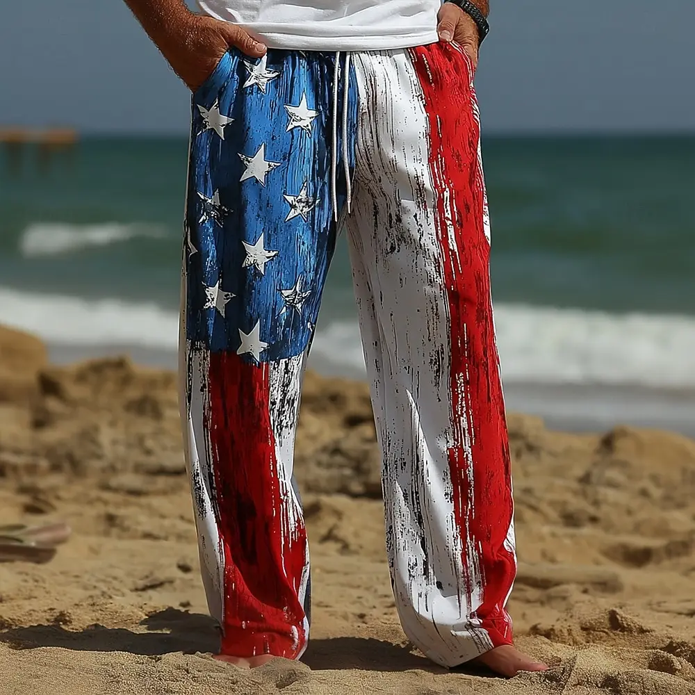 Men's Beach Pants Us flag Flower 3D Print Drawstring Casual Summer Vacation Loose Breathable Hawaiian Trousers Men Clothing