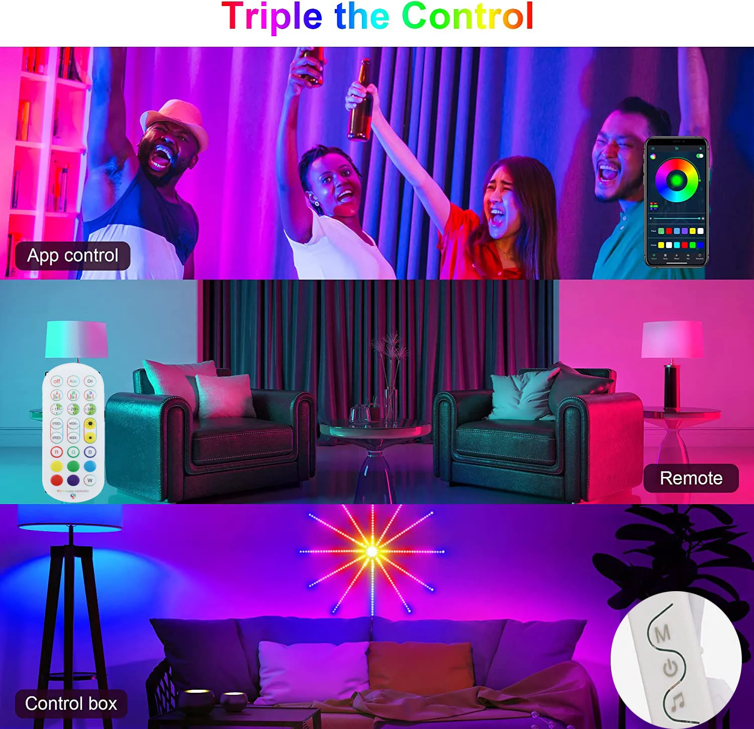 SCKDAY Smart Firework LED Strip Festoon Lights RGBIC Music Sync Indoor Self-Adhesive Fairy Lights for Christmas Party Room Decor