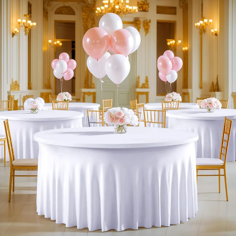 White Round Spandex Tablecloth Stretchy Fitted Wrinkle Free Table Cover with Skirt for Wedding Party Buffet Birthday Photography