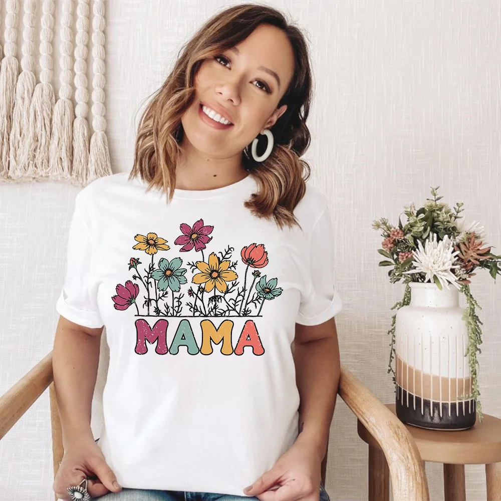 

Mama Flower Print Womens T-Shirt Ladies Casual Basis O-Neck White T Shirt Short Sleeve Mom Tshirt Retro Flower Graphic Tee Tops