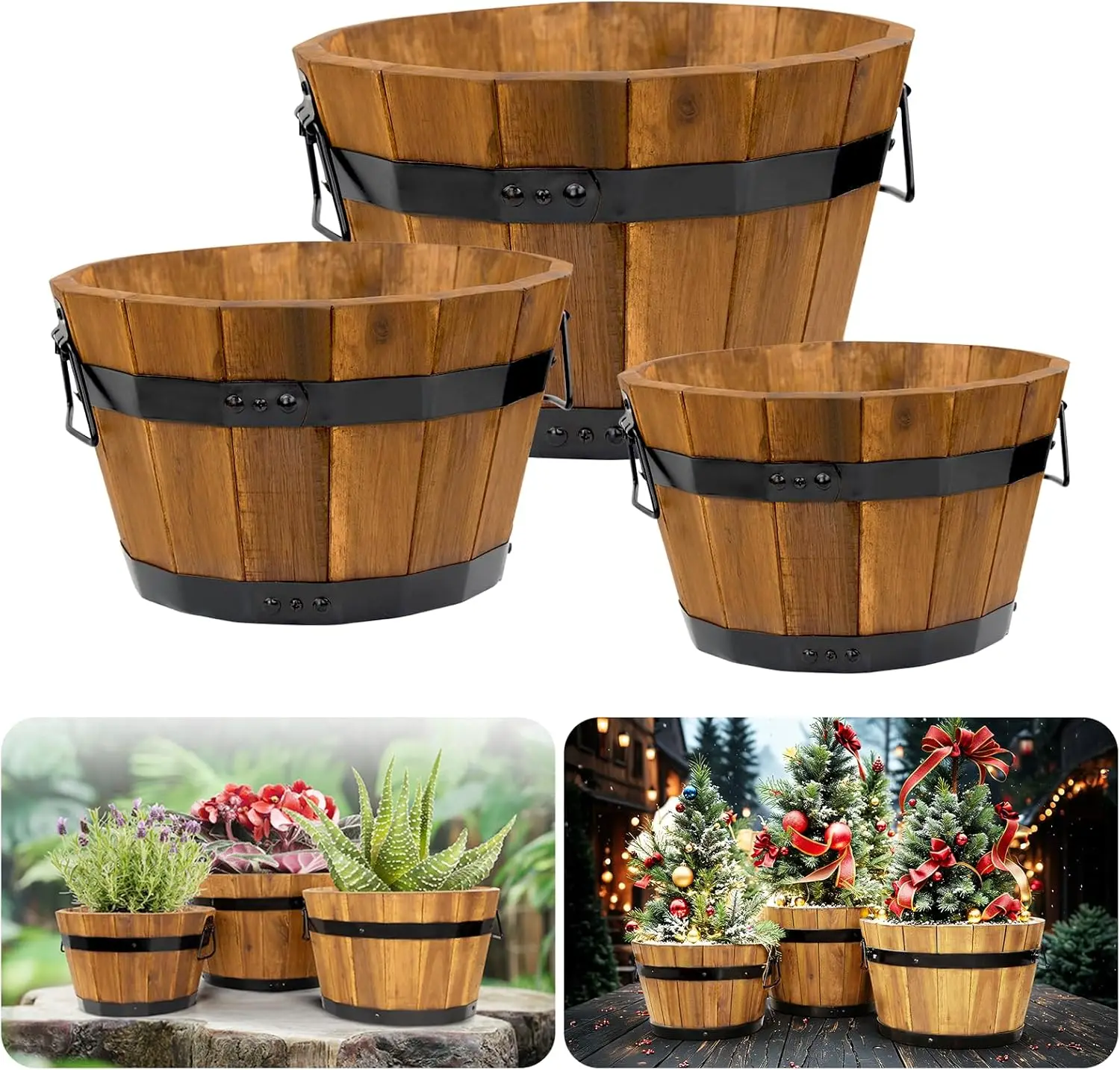 

Set of 3 Wooden Flower Boxes, Durable Acacia Wood Planters with Handles and Drainage Holes for Outdoor Plants