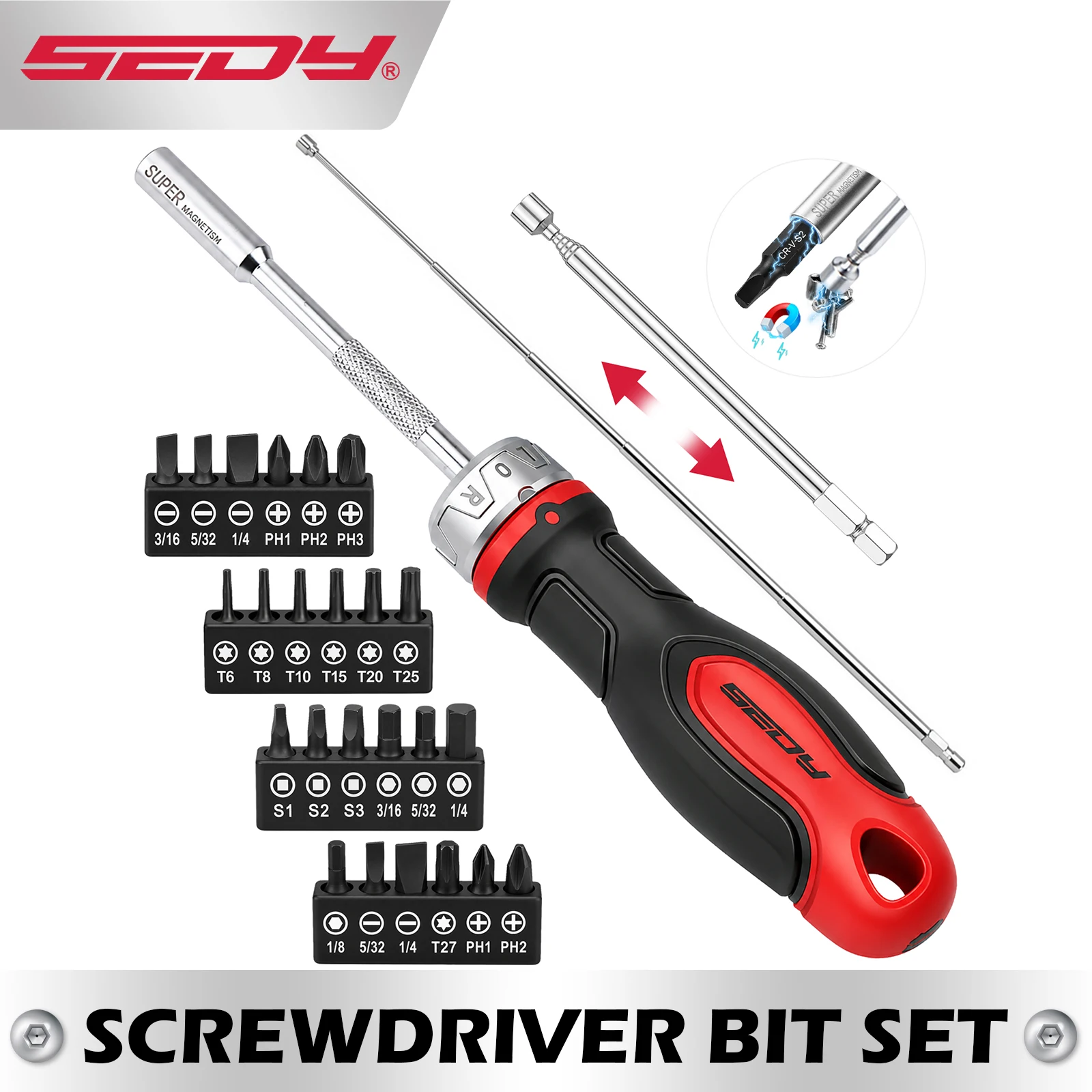 SEDY 26-Pc Magnetic Ratchet Screwdriver Bit Set S2 Steel Telescopic Rod for Home Garage DIY Repair