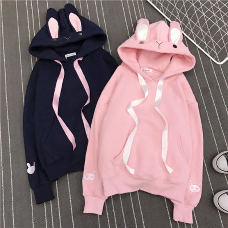 Cartoon Hoodies Women Embroidered Rabbit Ears Cute Sweatshirts Loose Girls Long Sleeves Coats Streetwear Autumn Winter