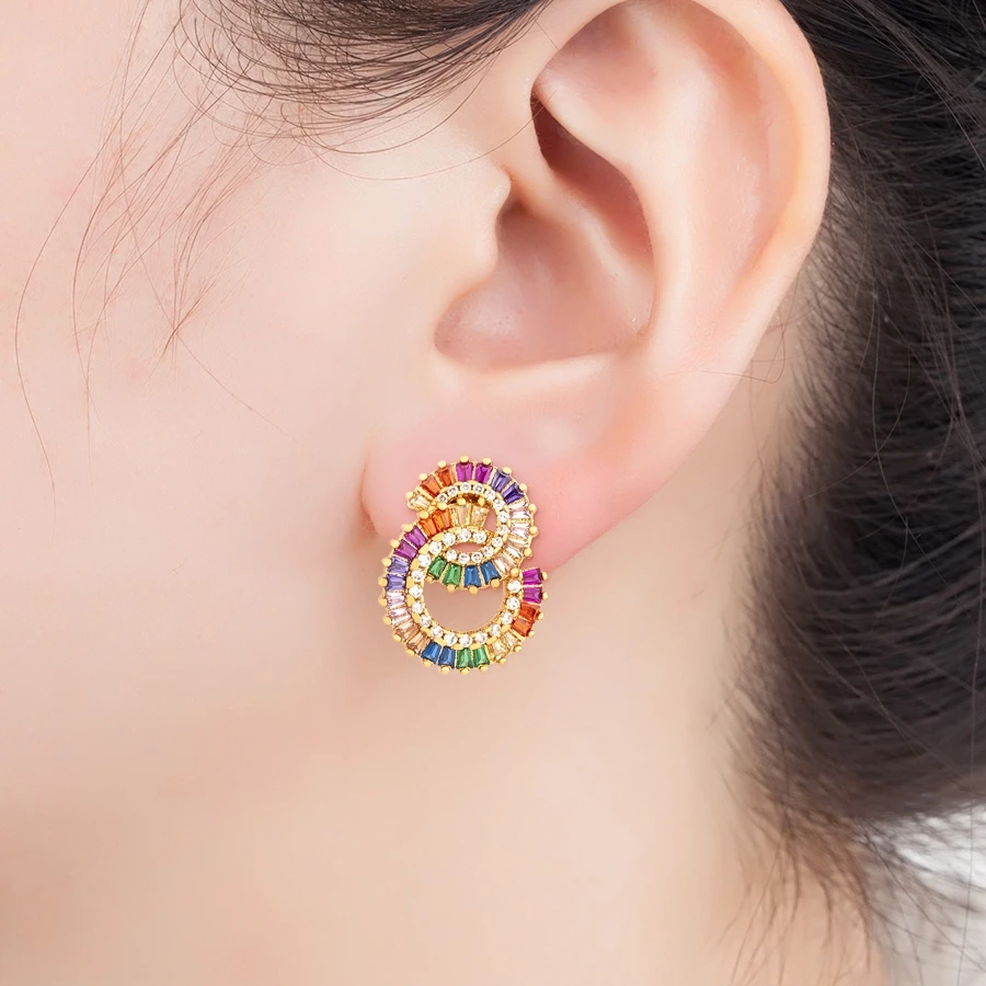 AIBEF Rainbow Cubic Zirconia Circle Stud Earrings Simple Party Round Geometric Fashion Earrings For Women Bohemian Fine Jewelry