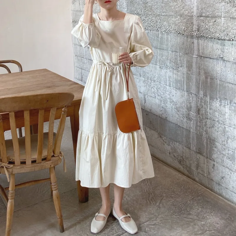 Feminino 2025 outono novo retro simples vestido de pescoço quadrado em camadas bolo saia rendas solta saia longa